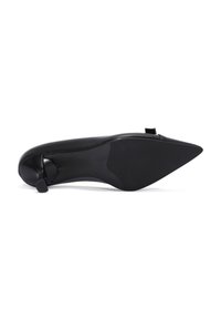 Black high-heeled shoe with a pointed toe design, sleek synthetic upper, smooth texture, and a rounded heel accentuated by a small detail.