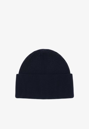 Dunkel marineblauer, gerippter Strick-Beanie mit umgeschlagenem Bündchen, entworfen für Wärme und legere Trageweise.
