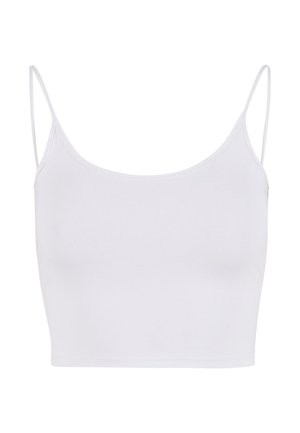 Hvit cami-top med tynne justerbare stropper, en tettsittende design og en glatt, elastisk tekstur uten mønstre eller dekorasjoner.