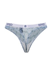 Weißer Bund mit "PSD"-Logo, blaues Blumenmuster, durchscheinender Stoff, Tanga-Design, leichtes und dehnbares Material.