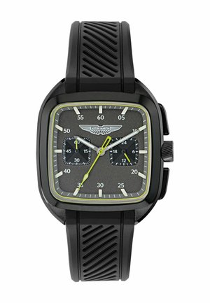Orologio da polso Aston Martin nero con quadrante quadrato, due sottoquadranti, lancetta dei secondi gialla e cinturino in gomma nera texturizzata.