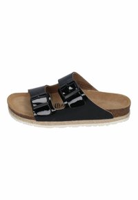 Black patent leather slide sandal with two adjustable straps, cork footbed, and textured rubber outsole for grip.