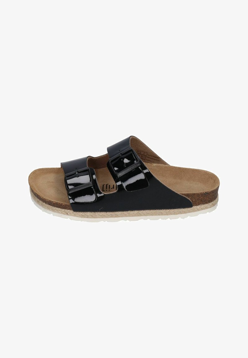 Black patent leather slide sandal with two adjustable straps, cork footbed, and textured rubber outsole for grip.