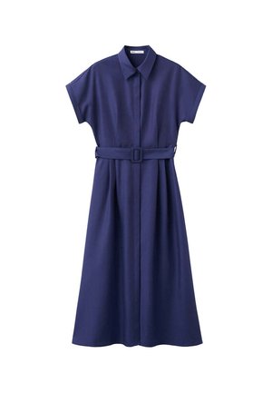 Navy blue short-sleeve shirt dress with collar, front button closure, and matching belt with rectangular buckle at the waist.