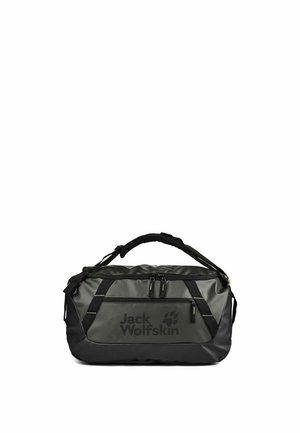 Bolsa de lona Jack Wolfskin negra y gris oscuro con asa acolchada y múltiples compartimentos con cremallera sobre un fondo blanco.