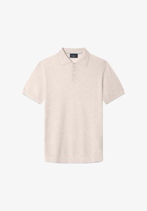 Short-sleeve polo shirt in light beige fabric featuring a textured weave, three-button placket, and subtle blue accents on the cuffs.
