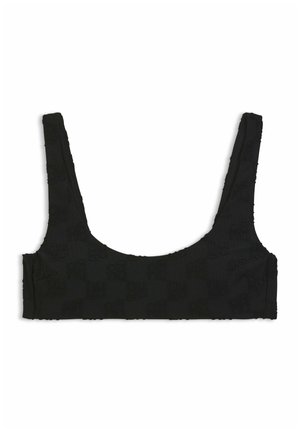 Schwarzes, kurz geschnittenes Tanktop mit breiten Trägern und dezent strukturiertem Muster auf dem Stoff, flach auf weißem Hintergrund präsentiert.