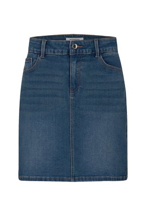 Falda de mezclilla en azul oscuro con corte recto. Presenta presillas para cinturón, dos bolsillos laterales, un cierre de botón y detalles de costura en contraste.