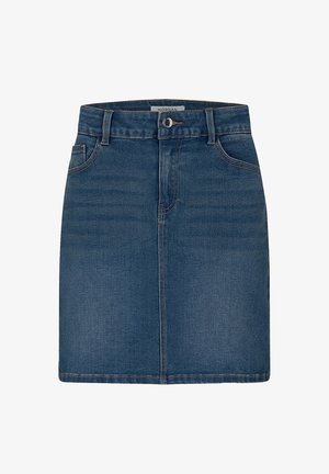 Falda de mezclilla en azul oscuro con corte recto. Presenta presillas para cinturón, dos bolsillos laterales, un cierre de botón y detalles de costura en contraste.