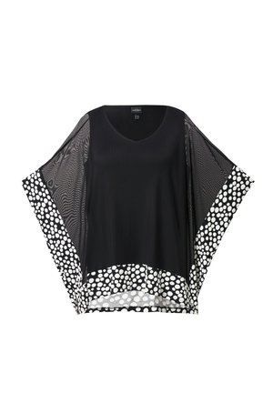 Černá blůza s širokými, průsvitnými rukávy a vzorem puntíků podél spodního lemování. Má výstřih do V a je vyrobena z lehkého materiálu.