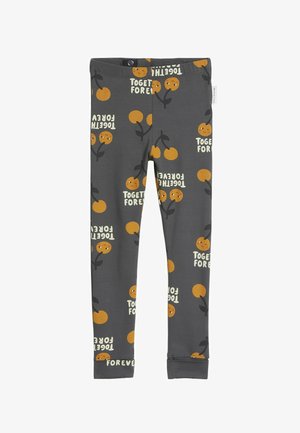Szare legginsy wykonane z miękkiego materiału z nadrukiem owoców w odcieniach pomarańczowego i zielonego z napisem "RAZEM NA ZAWSZE". Dopasowany krój z elastycznym pasem.