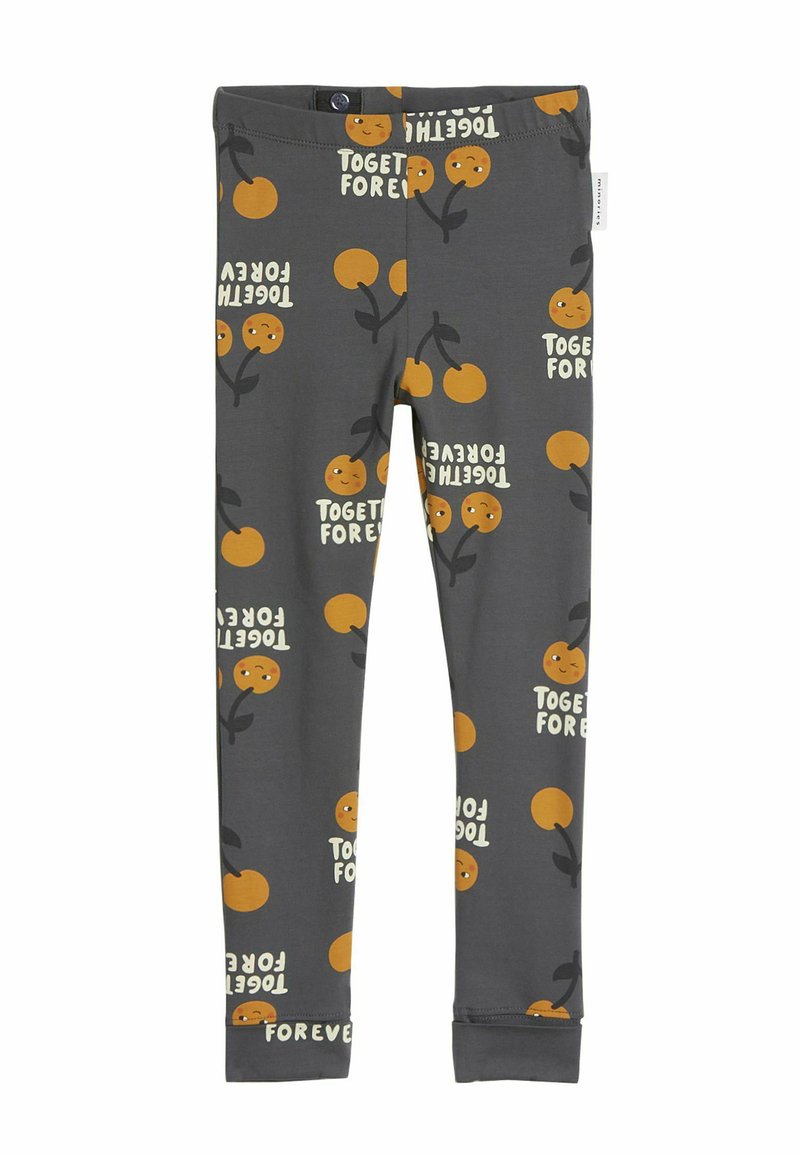 Grijze leggings van zachte stof met een oranje en groene fruitprint en de tekst "SAMEN VOOR ALTIJD." Aansluitend model met elastische tailleband.