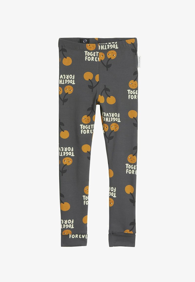 Grijze leggings van zachte stof met een oranje en groene fruitprint en de tekst "SAMEN VOOR ALTIJD." Aansluitend model met elastische tailleband.