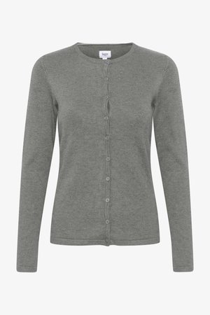 Halli hall ja pehmest kudumisest valmistatud, ümmarguse kaeluse, pikkade varrukate ja ees nuppekliidiga, millel on sobivad nupud.