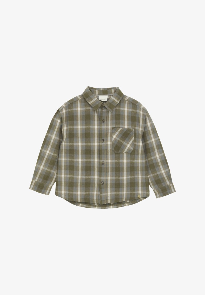 Groen en beige geruite flanellen overhemd met lange mouwen, knoopsluiting en borstzak. Kenmerkt zich door een gebogen zoom en een gladde textuur.