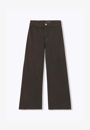 Pantalon noir à jambes larges avec passants de ceinture, fermeture à bouton et zip sur le devant, présenté à plat sur fond blanc.