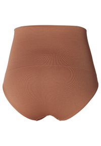 Hoge naadloze slip in een zachte bruine stof met een gladde textuur. Beschikt over een volledige achterkant en geen zichtbare naden of patronen.