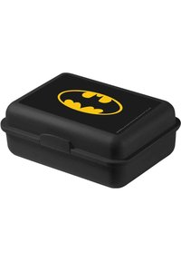 Lunch box in plastica nera con coperchio a cerniera, con un logo di Batman giallo sulla parte superiore, forma rettangolare compatta e chiusura sicura.