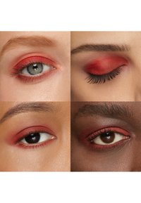 Neljä lähikuvaa erilaisten silmien meikistä, joissa on punainen luomiväri; kolme ovat avoimia ja näyttävät silmien värit, yksi on suljettu korostaen luomen meikin rakennetta.