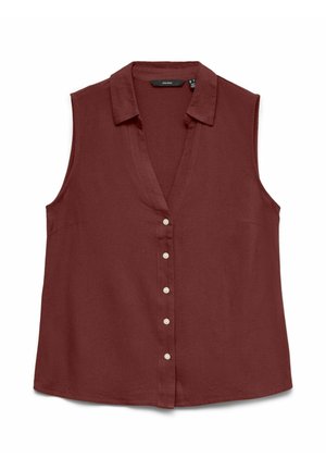 Blusa sin mangas de color rojo oscuro con botones, cuello y cinco botones blancos en la parte delantera, colocada sobre un fondo blanco.