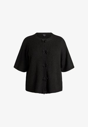 Zwarte gebreide cardigan met korte mouwen, een ronde hals en vijf striksluitingen aan de voorkant. Gestructureerde stof.