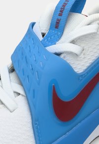 Balti sportiniai bateliai su mėlynais ir raudonais akcentais. Yra tekstūruotas mėlynas perteklius ir balti raišteliai. Nike logotipo raudona spalva šone.