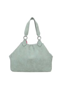Sac à main en simili cuir vert avec deux anses supérieures, texture douce et forme légèrement structurée. Accents en métal argenté.