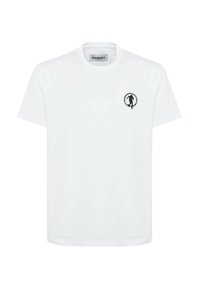 T-shirt bianco in cotone con scollo rotondo, maniche corte e logo grafico nero sul lato sinistro del petto. Texture liscia, vestibilità standard.