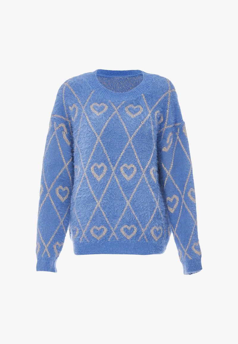 Világoskék, bolyhos pulóver, aranyszínű szívmintával és gyémántmintával. Kerek nyakú, hosszú ujjú, bordás alsó szegéllyel és mandzsettával.