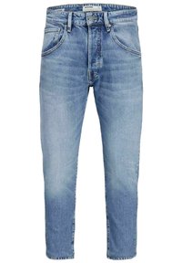 Ljusblå denimjeans med rak passform, med en medelhög midja, fem fickor och diskret slitage längs benen.