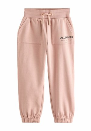 Ružové bavlnené tepláky s elastickým pásom, nastaviteľným šnúrkou, dvoma prednými vreckami a logom "ALLSAINTS" vytlačeným čiernou farbou.