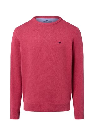 Heren sweater met lange mouwen en ronde hals in effen baksteenrood met een subtiele marineblauwe logo-borduring op de borst.