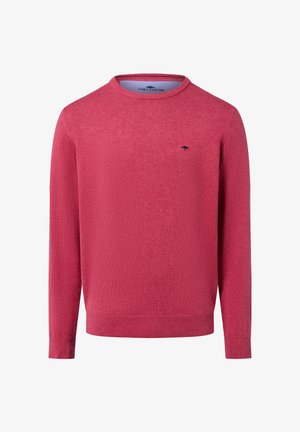 Heren sweater met lange mouwen en ronde hals in effen baksteenrood met een subtiele marineblauwe logo-borduring op de borst.