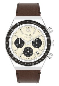 Timex Chronograph-Uhr mit einem cremefarbenen Ziffernblatt, schwarzen Zifferblättern, Tachymeter-Lünette und einem braunen Lederarmband. Gehäuse und Stundenmarkierungen in Silberfarbe.