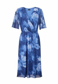 Fließendes blaues Kleid mit floralem Muster, V-Ausschnitt und schwingenden Ärmeln, aus leichtem Stoff und in mittellanger Schnittführung.
