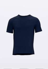 Marineblaue T-Shirt mit kurzen Ärmeln aus leichtem Stoff. Verfügt über einen runden Ausschnitt und eine glatte Textur mit einer taillierten Schnittführung.