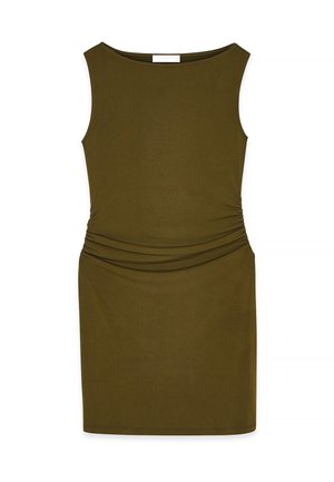 Oliņu zaļa bez piedurknēm, kleita ar apaļu kakla izgriezumu, ar savilktu sānu detaļu, gludu tekstūru un pieguļošu siluetu.