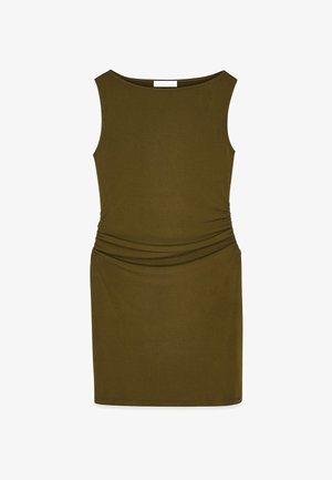 Oliņu zaļa bez piedurknēm, kleita ar apaļu kakla izgriezumu, ar savilktu sānu detaļu, gludu tekstūru un pieguļošu siluetu.