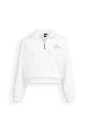Felpa bianca corta con maniche lunghe, zip a un quarto, due tasche frontali con patta e un piccolo logo grigio sul petto sinistro.