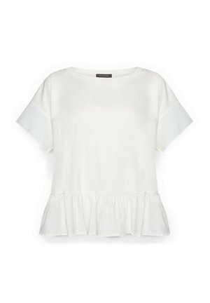 Blusa blanca de algodón con manga corta, escote redondo y detalle de volante en el bajo.