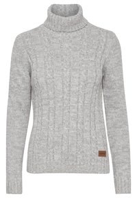 Grey knitted sweater with a ribbed turtleneck, featuring cable knit texture and a small brown logo tag at the lower side.