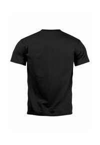 Black cotton t-shirt with a crew neck and short sleeves. The back is plain without graphics or logos, featuring a smooth, matte texture.