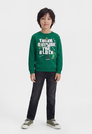 Niño con cabello negro que lleva una sudadera verde de Minecraft con el texto "Think Outside The Block" y vaqueros oscuros, de pie frente a un fondo blanco.