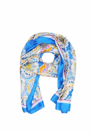 Foulard in seta blu e bianco con intricati motivi floreali, bordato con un bordo blu uniforme e accentuato da dettagli colorati sparsi.
