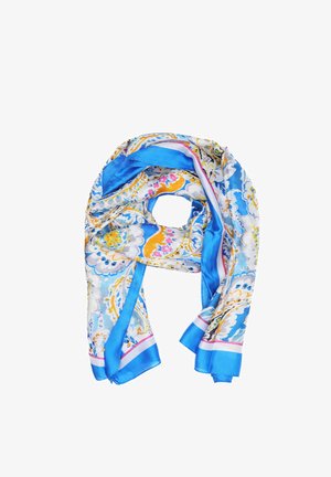 Foulard in seta blu e bianco con intricati motivi floreali, bordato con un bordo blu uniforme e accentuato da dettagli colorati sparsi.