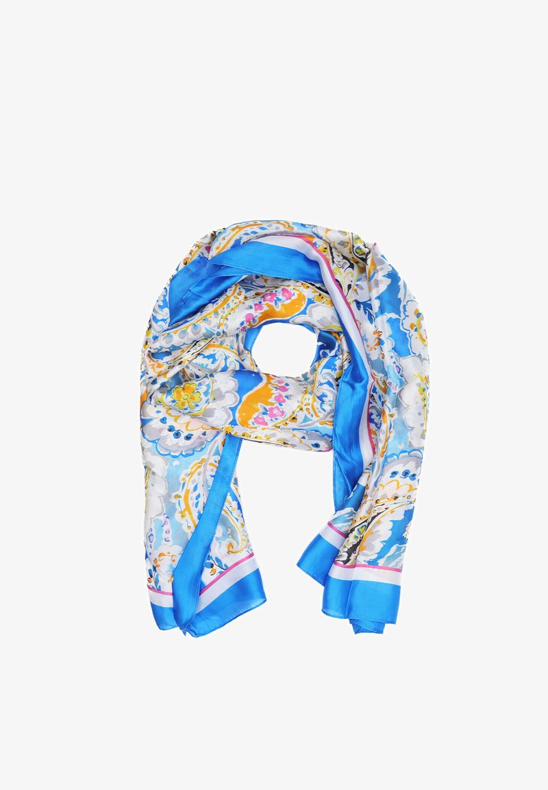 Foulard in seta blu e bianco con intricati motivi floreali, bordato con un bordo blu uniforme e accentuato da dettagli colorati sparsi.