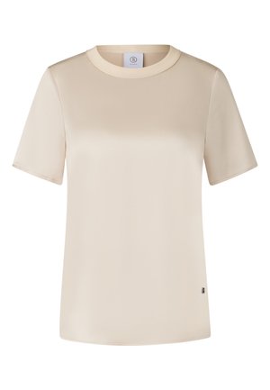 Beige T-shirt met korte mouwen, een ronde hals, een gladde textuur en een subtiel merkembleem op de onderzijde aan de linkerkant.