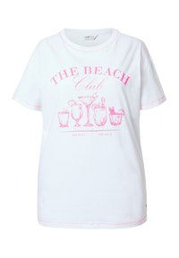 Weißes Baumwoll-T-Shirt mit pinkem Aufdruck "THE BEACH Club" und Illustrationen von Getränken; runder Halsausschnitt mit pinken Stichakzenten.