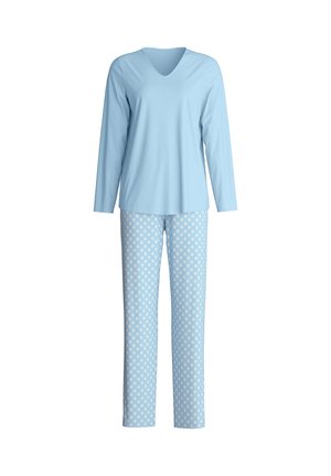 Lichtblauw longsleeve shirt met een V-hals, gecombineerd met lichtblauwe pyjamabroek met een wit polka dot patroon. Zachte katoenen stof.
