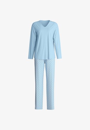 Light blue long-sleeve top with a V-neck, paired with light blue pajama pants featuring a white polka dot pattern. Soft cotton fabric.